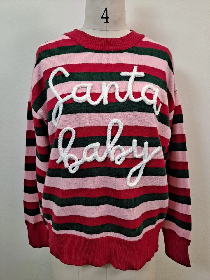 Women's Main Strip Santa Baby Chenille Letter Striped Christmas Knit Sweater