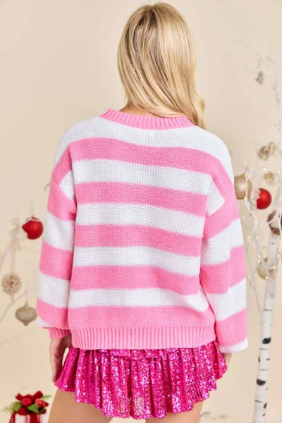 Womens Main Strip Santa Baby Pink Striped Holiday Sweater