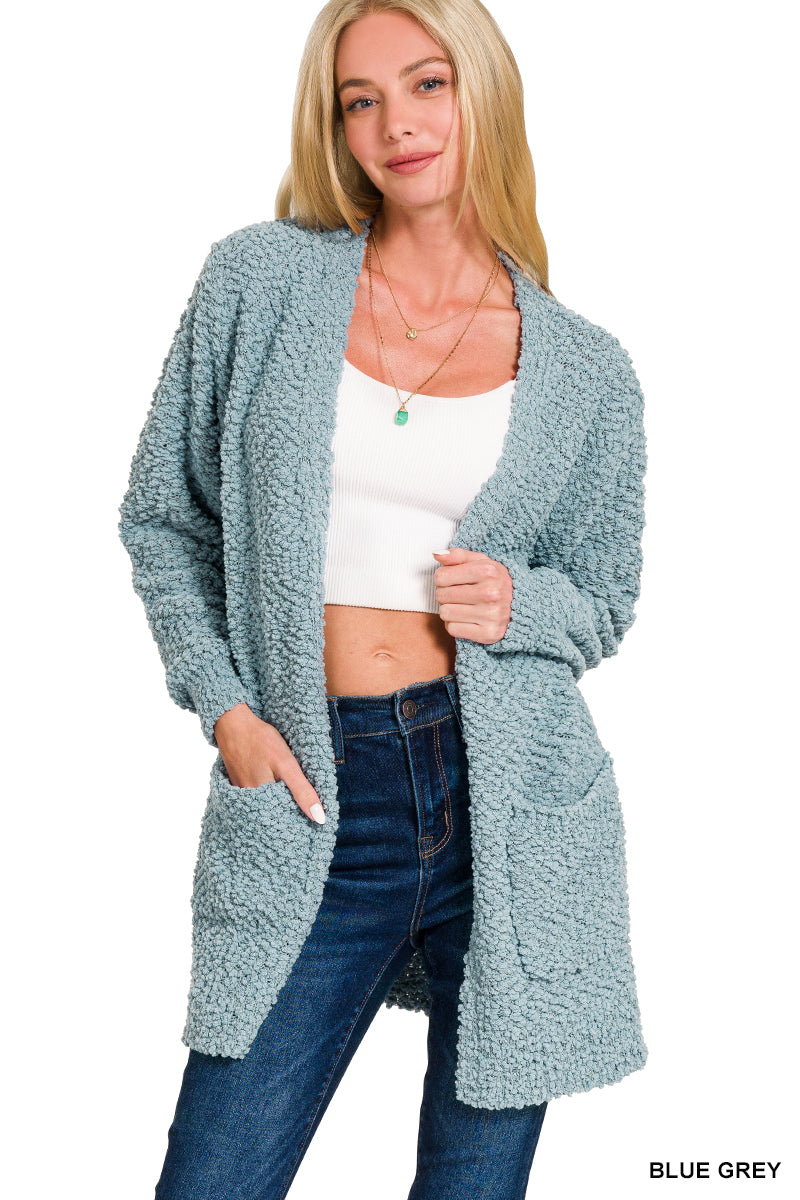Womens Zenana Blue Grey Long Sleeve Popcorn Sweater Cardigan With Pockets