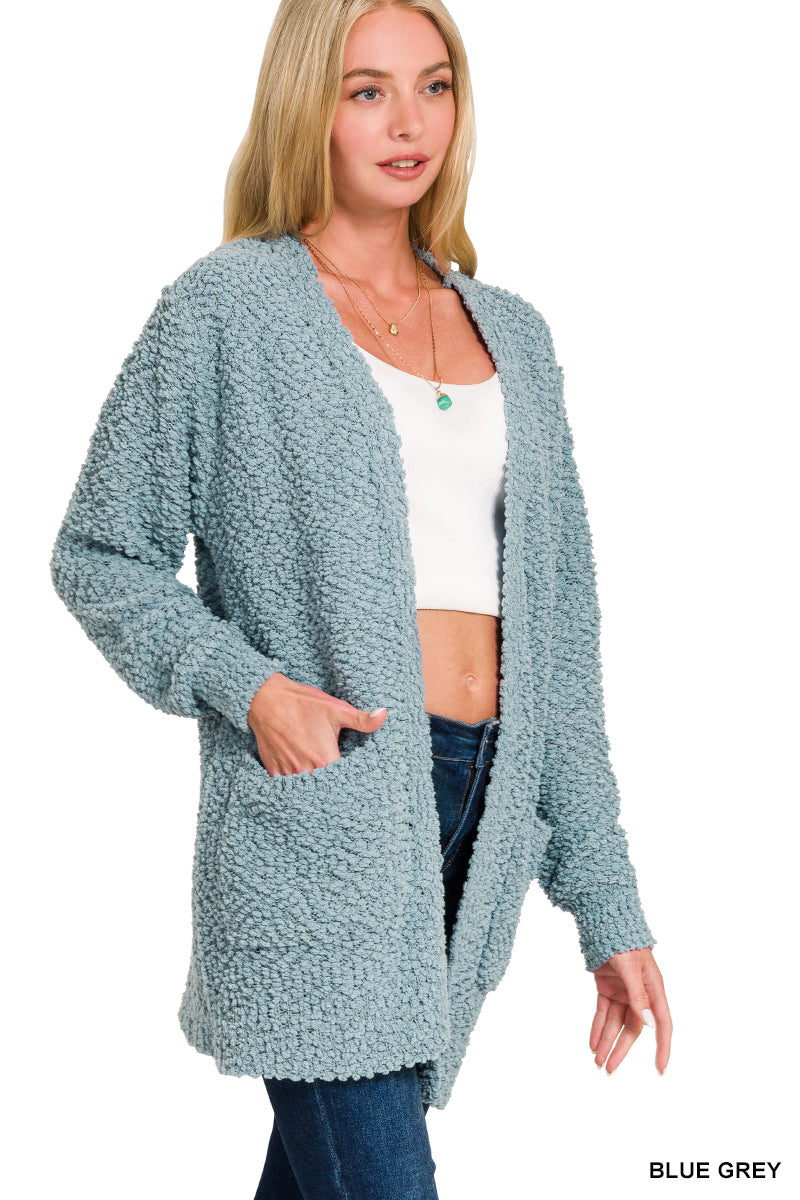 Womens Zenana Blue Grey Long Sleeve Popcorn Sweater Cardigan With Pockets