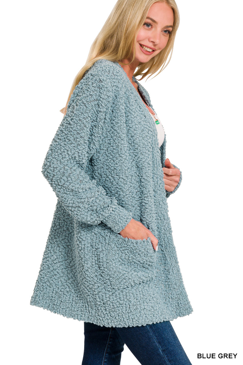 Womens Zenana Blue Grey Long Sleeve Popcorn Sweater Cardigan With Pockets