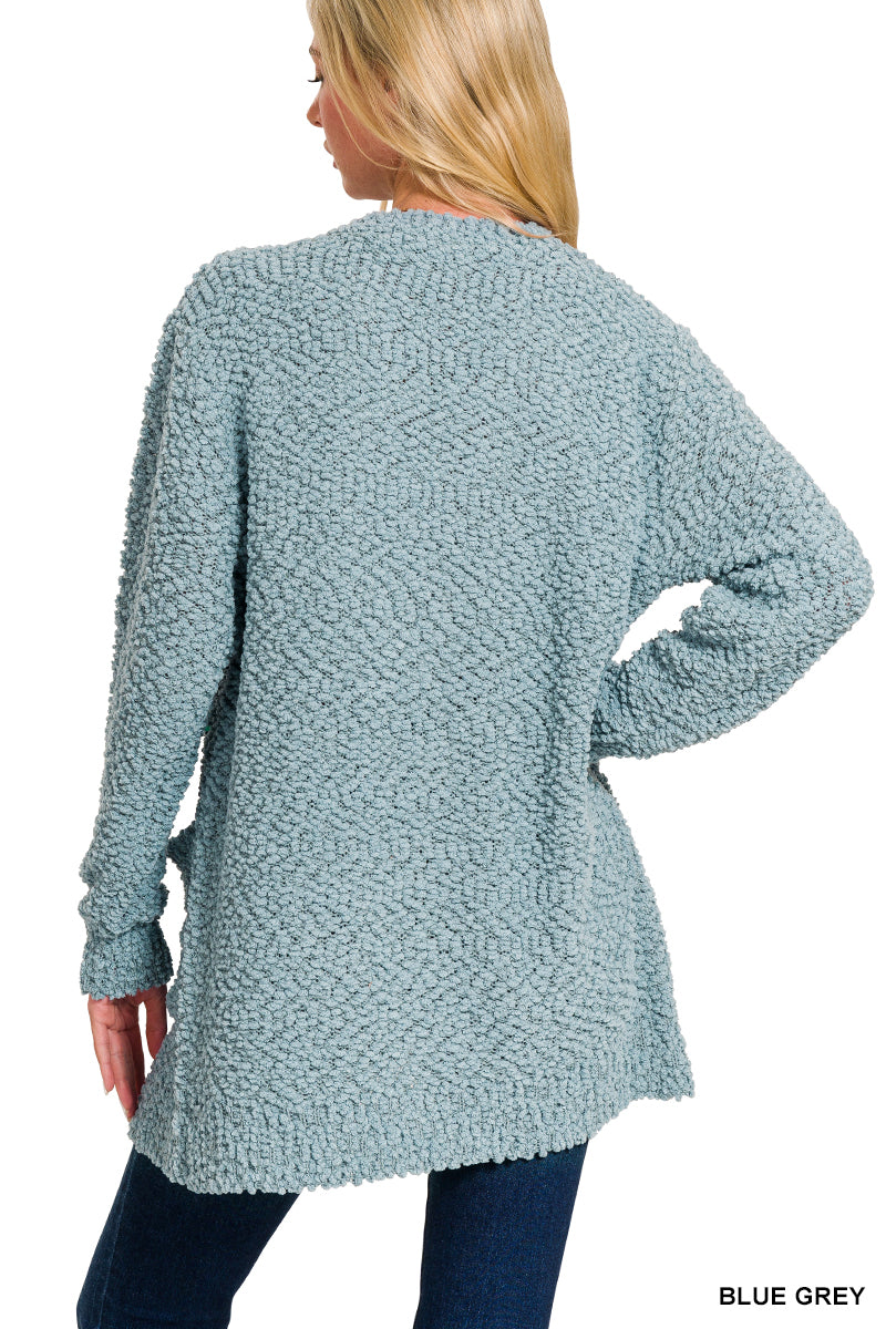 Womens Zenana Blue Grey Long Sleeve Popcorn Sweater Cardigan With Pockets