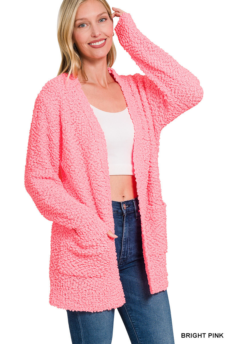 Womens Zenana Bright Pink Long Sleeve Popcorn Sweater Cardigan With Pockets
