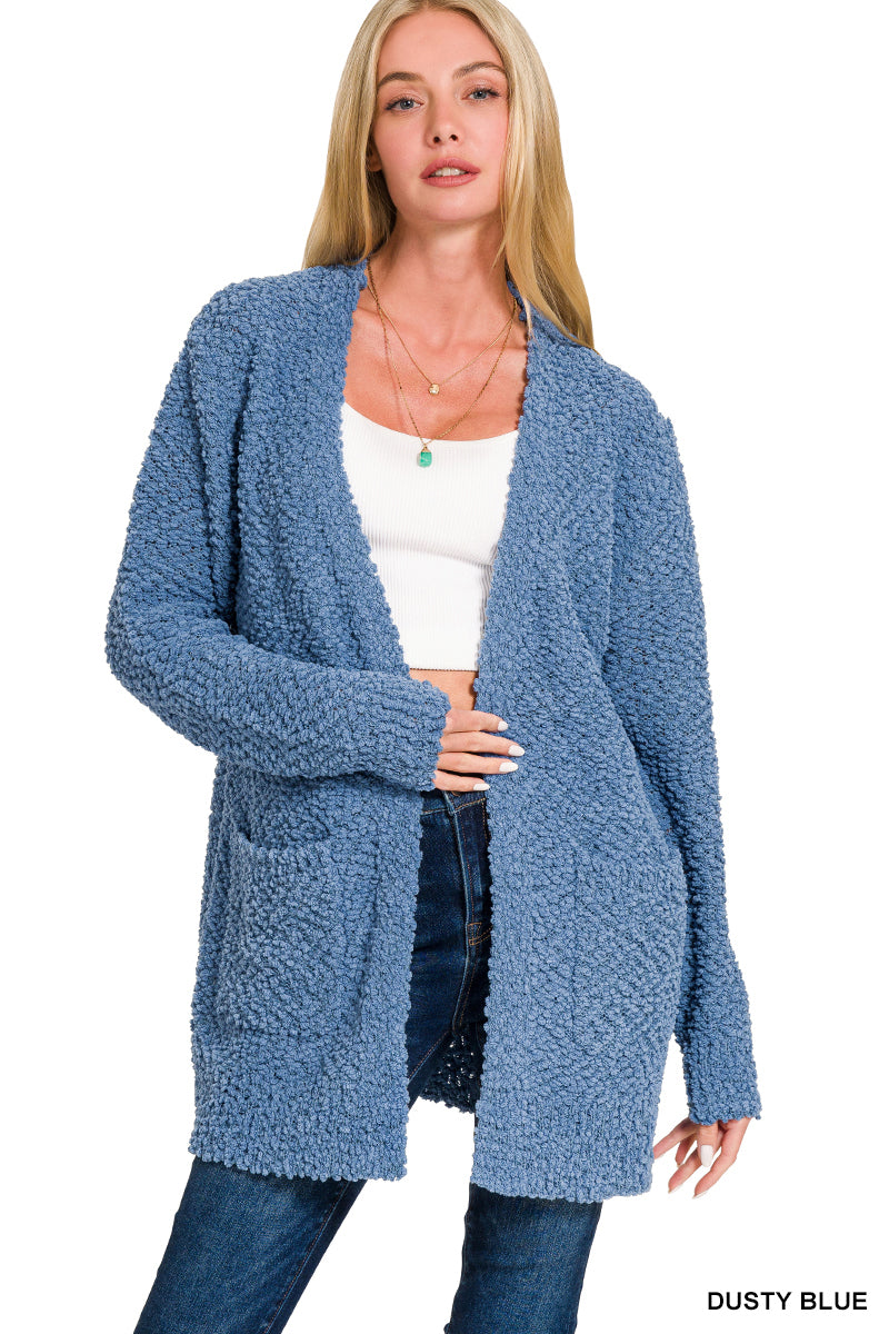 Womens Zenana Dusty Blue Long Sleeve Popcorn Sweater Cardigan With Pockets