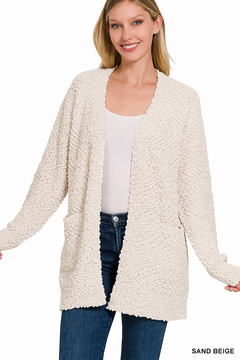 Womens Zenana Sand Beige Long Sleeve Popcorn Sweater Cardigan With Pockets