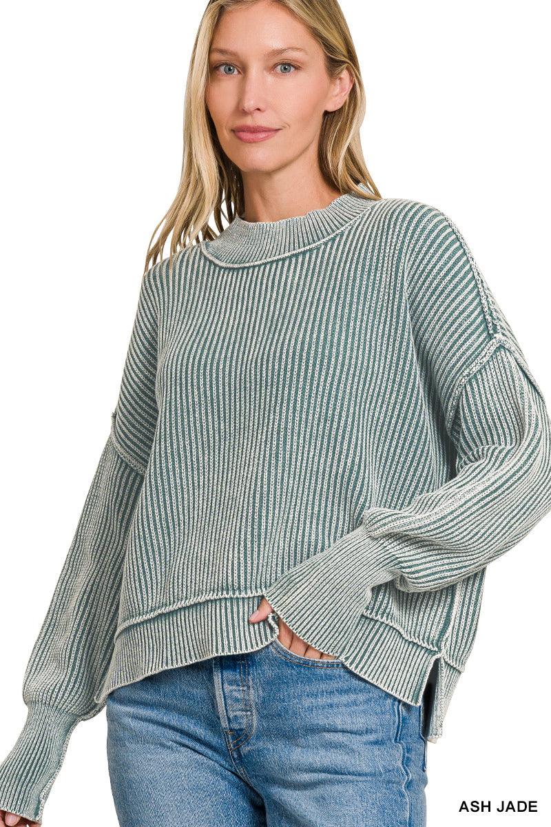 Womens Zenana Ash Jade Washed Side Slit Oversized Cropped Sweater
