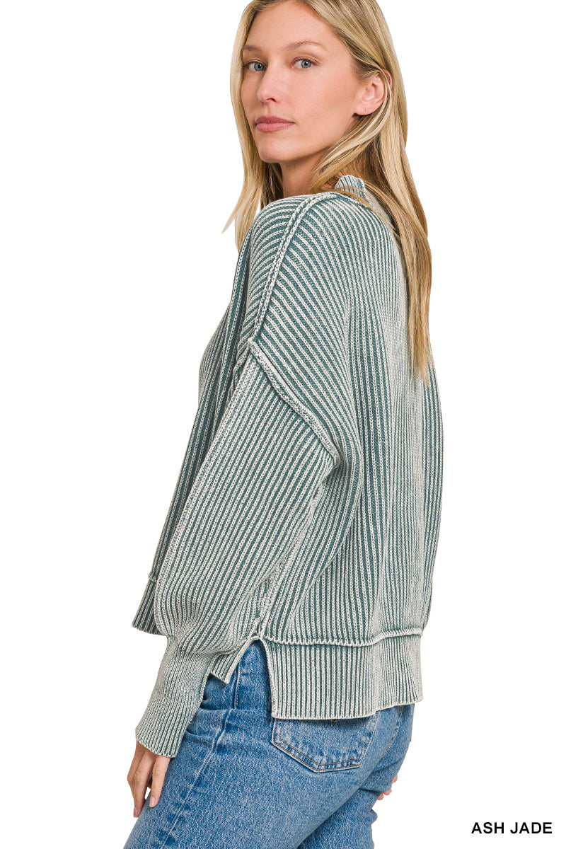Womens Zenana Ash Jade Washed Side Slit Oversized Cropped Sweater
