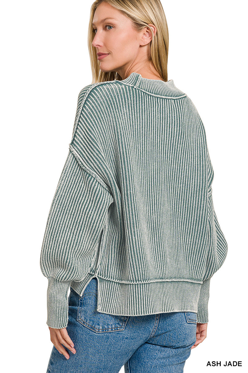 Womens Zenana Ash Jade Washed Side Slit Oversized Cropped Sweater