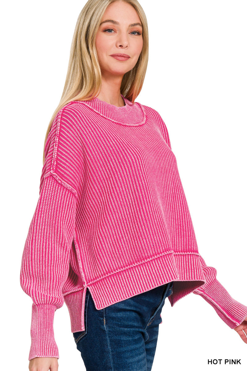 Womens Zenana Hot Pink Washed Side Slit Oversized Cropped Sweater