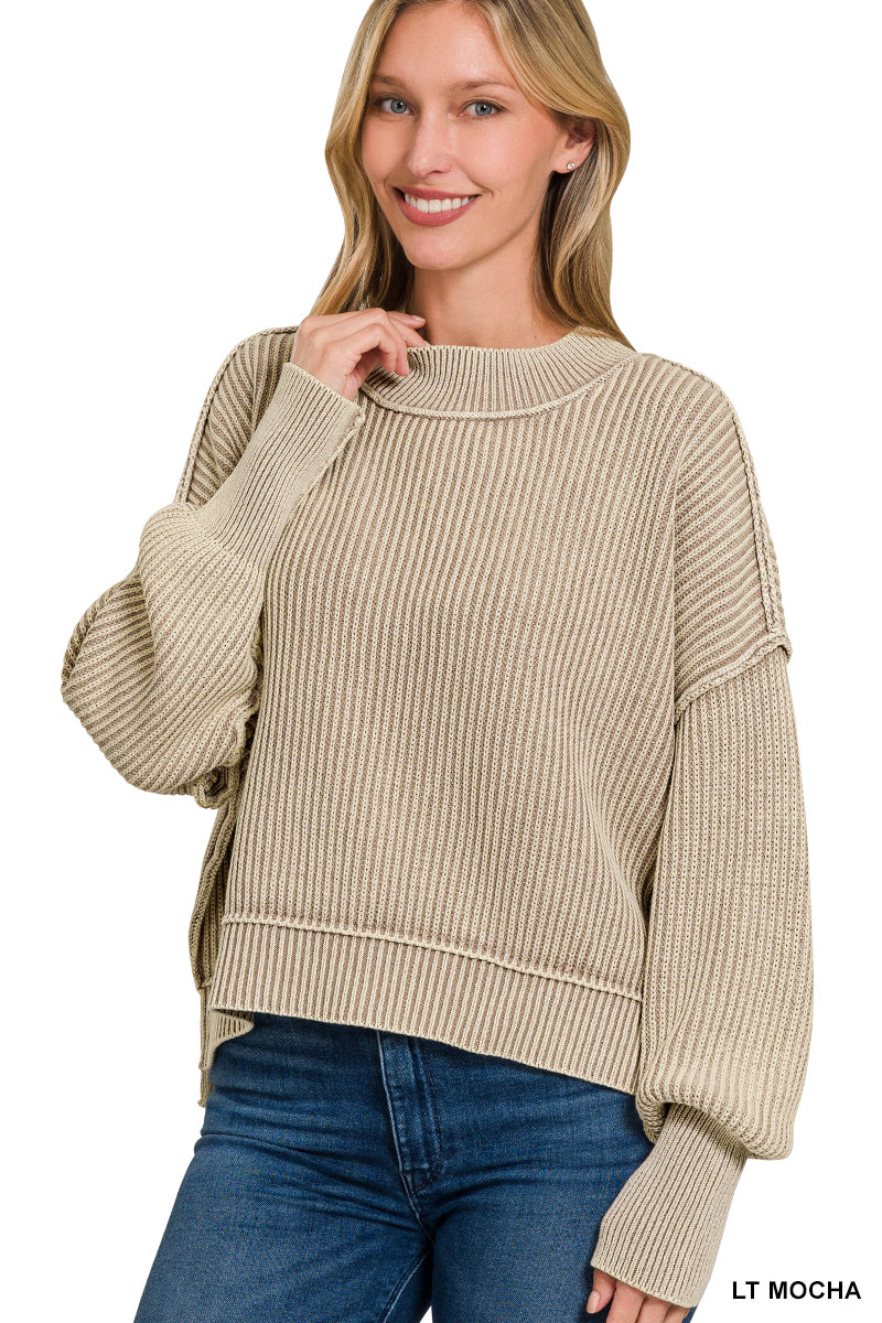 Womens Zenana Lt. Mocha Washed Side Slit Oversized Cropped Sweater