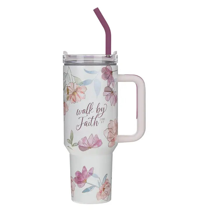 Tumbler Ss White Floral Walk By Faith 2 Cor. 5:7