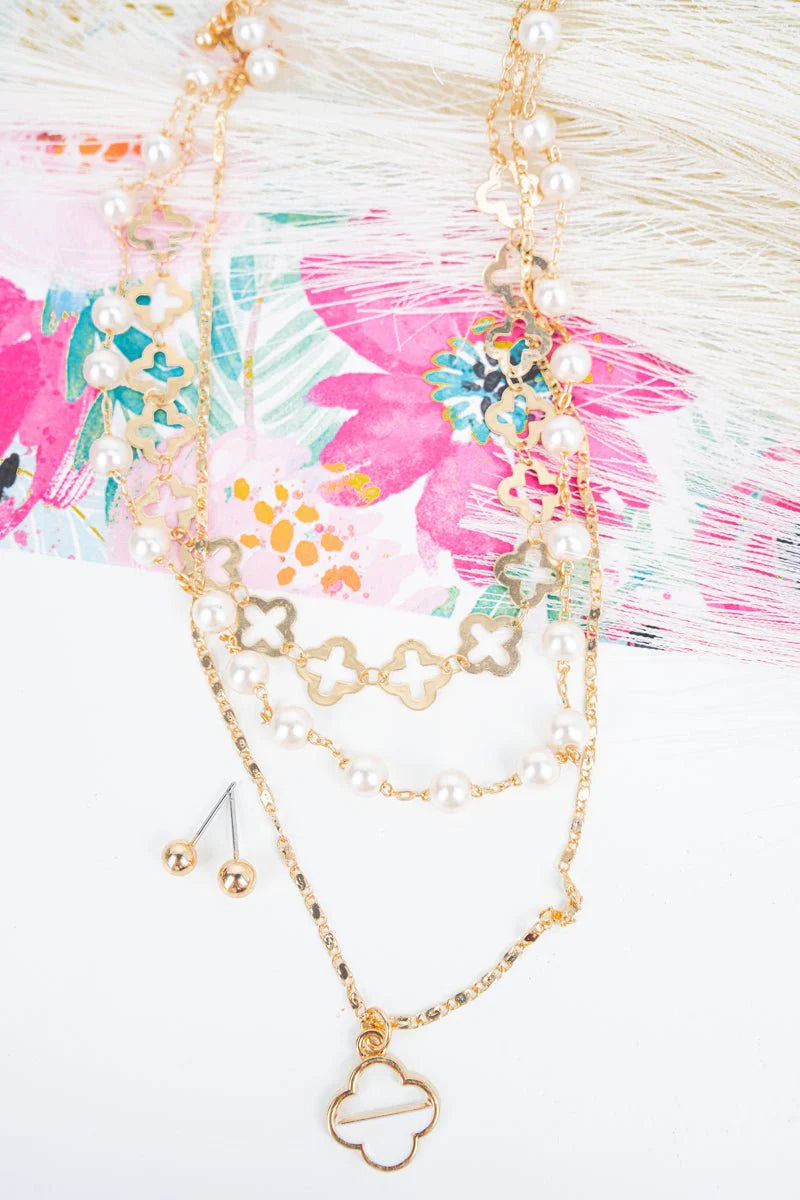 White Quatrefoil Pearl Beaded Layered Necklace and Earring Set
