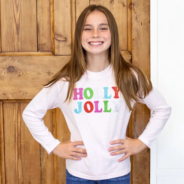 The Royal Standard Youth Holly Jolly Glitter Long Sleeve Crew Neck T-Shirt Light Pink/Multi