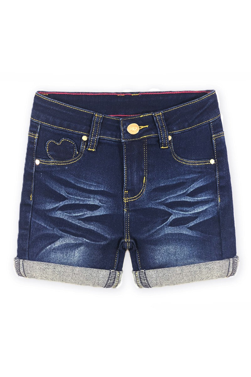 Girls Yummy Wash Denim Mid-Length With Heart Pocket - Blueberry