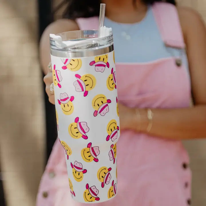 Katydid Cowboy Happy Face Western Travel Tumbler with Handle