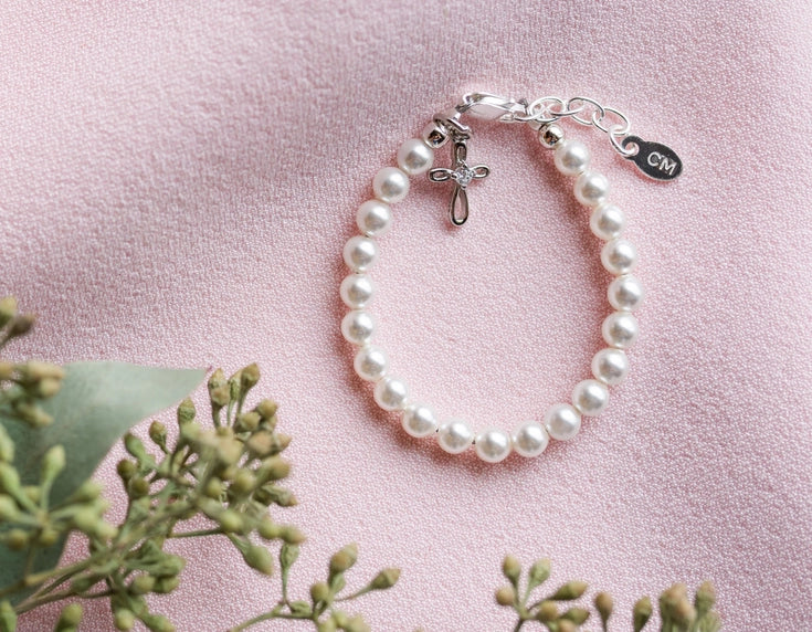 Girls Silver Pearl Baby Baptism Bracelet - Lacey