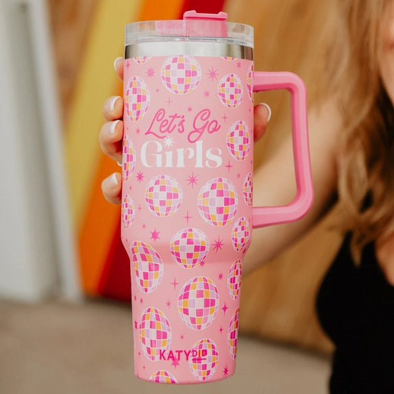 Katydid Pink Let's Go Girls Tumbler Cup with Straw and Handle