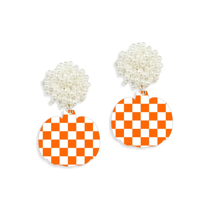 Viv & Lou Orange & White Check Pumpkin Earrings
