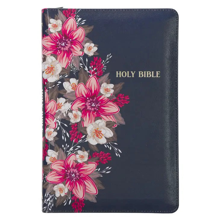 KJV Bible Deluxe Gift Faux Leather, Blue Floral Printed With Zipper