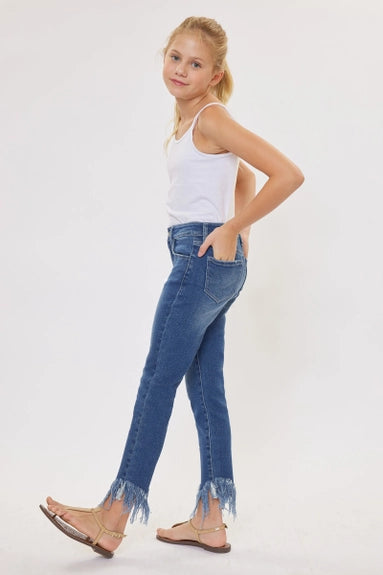 Kancan Youth Dark Stone Wash Frayed Hem High Rise Ankle Skinny Jeans