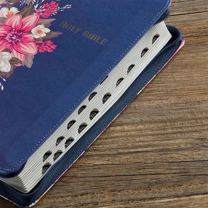 KJV Bible Deluxe Gift Faux Leather, Blue Floral Printed With Zipper