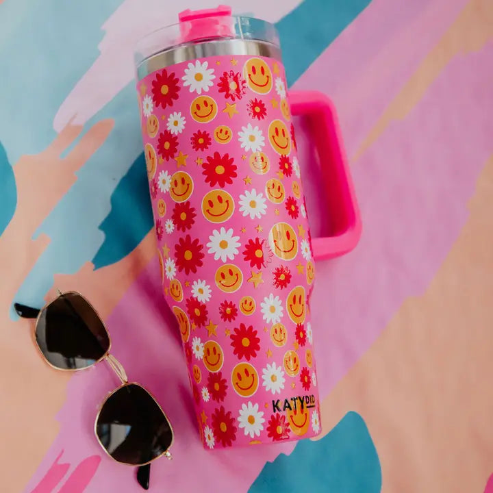 Katydid Red Flower Happy Face Stainless Steel Tumbler Cup