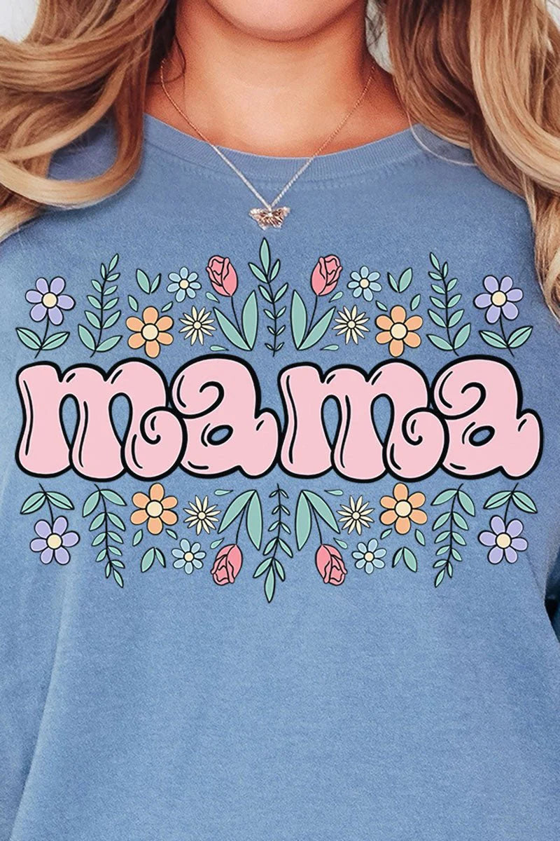 Womens Floral Bubble Mama Mystic Blue Comfort Color Tee