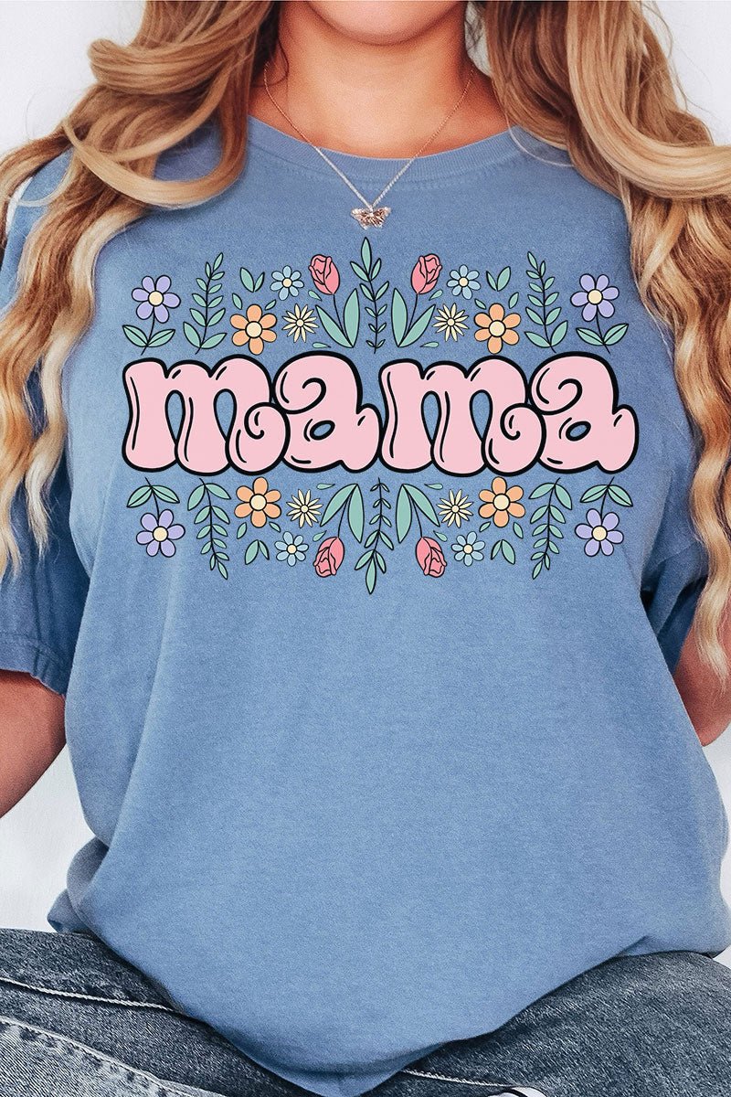 Womens Floral Bubble Mama Mystic Blue Comfort Color Tee