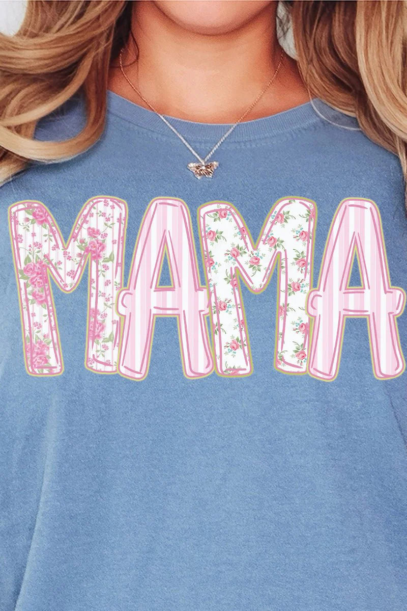 Womens Pink Blossom Mama Washed Denim Comfort Colors Tee