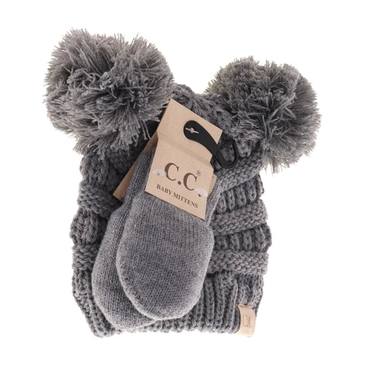 C.C. Beanie Baby Double Pom Pom Beanie and Mittens Set Light Gray
