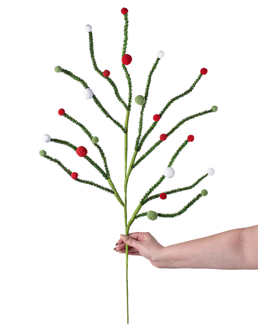 31" Felt Ball Twig Spray: Red, White, Green