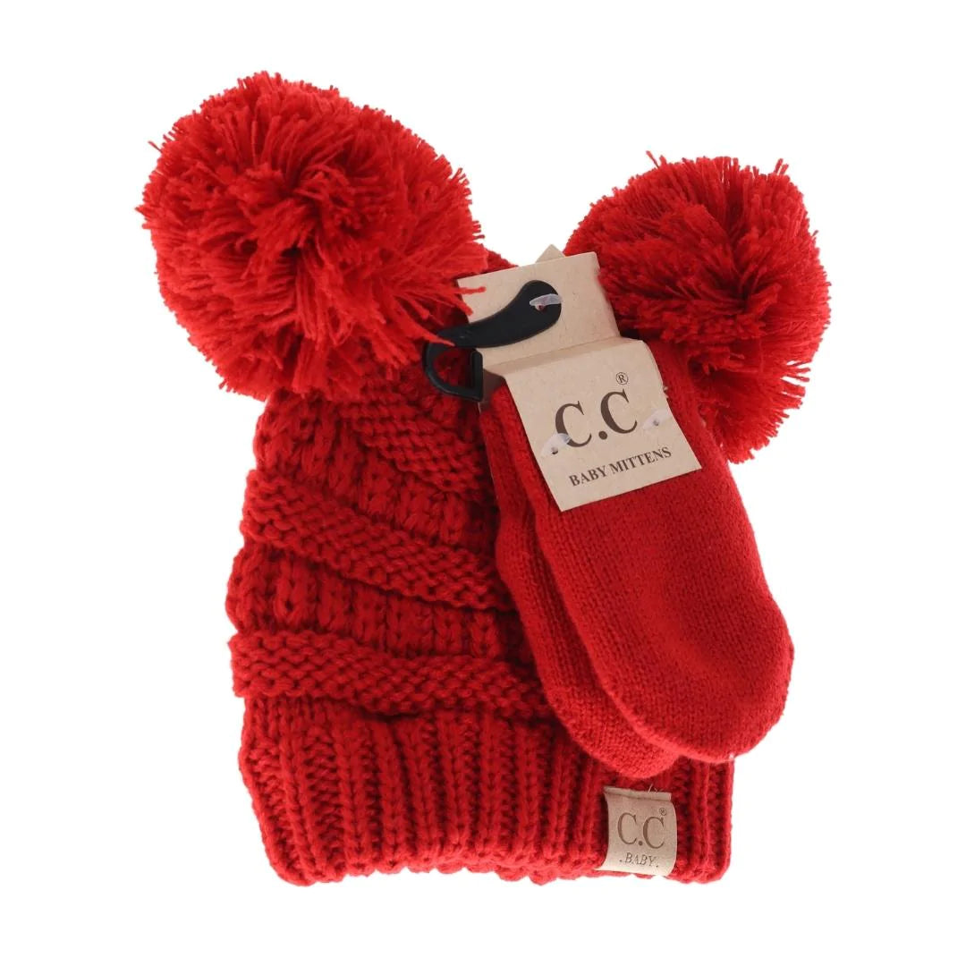 C.C. Beanie Baby Double Pom Pom Beanie and Mittens Set Bright Red