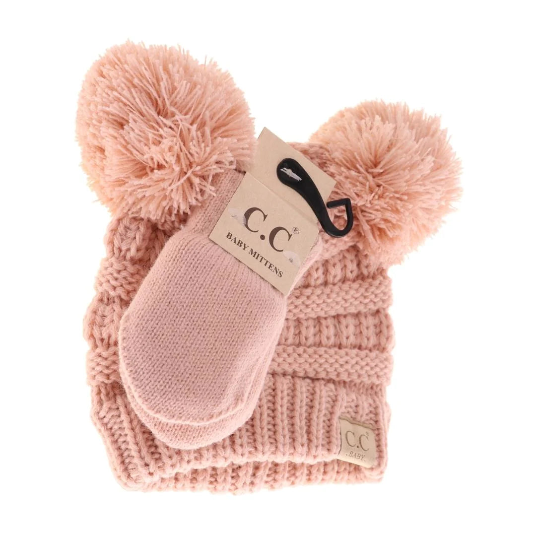 C.C. Beanie Baby Double Pom Pom Beanie and Mittens Set Indie Pink