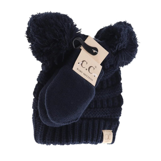 C.C. Beanie Baby Double Pom Pom Beanie and Mittens Set Navy