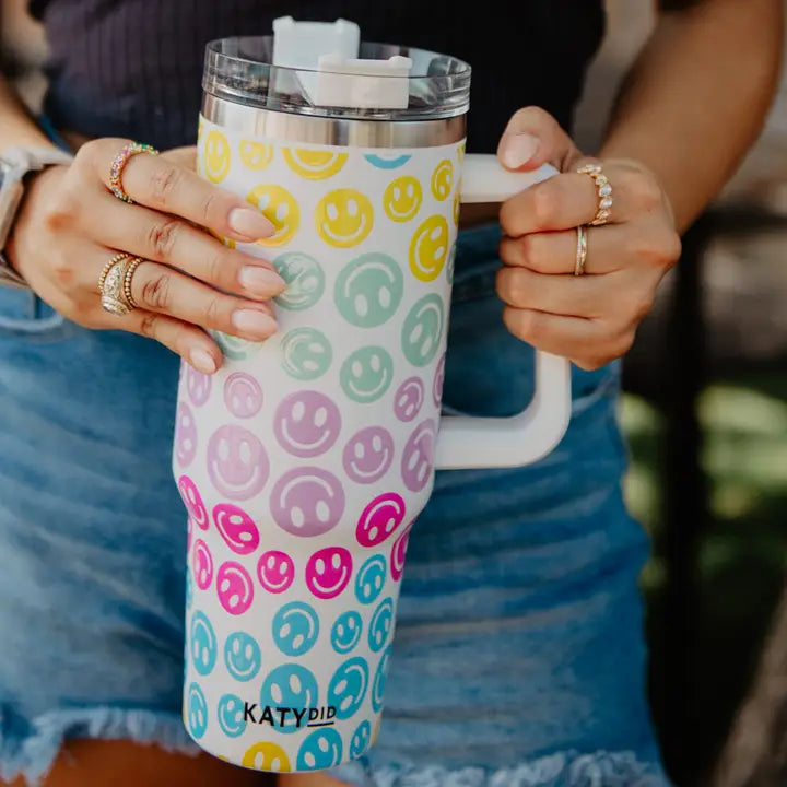 Katydid Pastel Happy Face Tumbler Cup with Handle