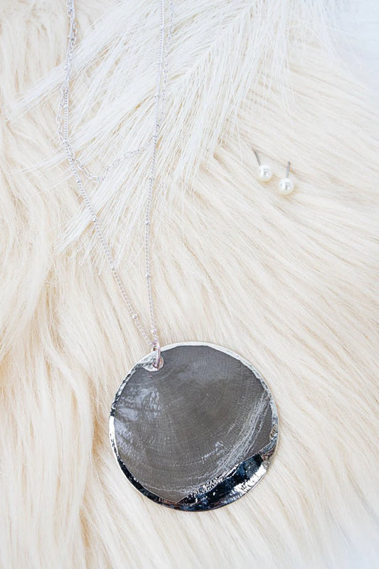 Viola Silvertone And Gray Shell Disk Necklace and Earring Set