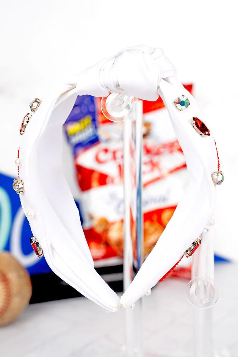 Viola White And Red 'Mom' Baseball Seed Bead Knotted Headband