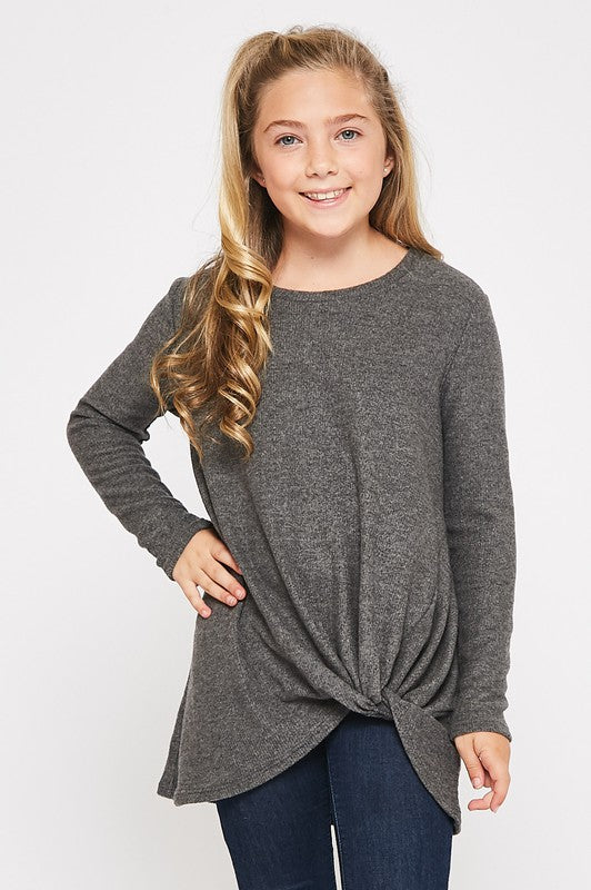 GtoG Charcoal Solid Knotted Sweater Tunic Top