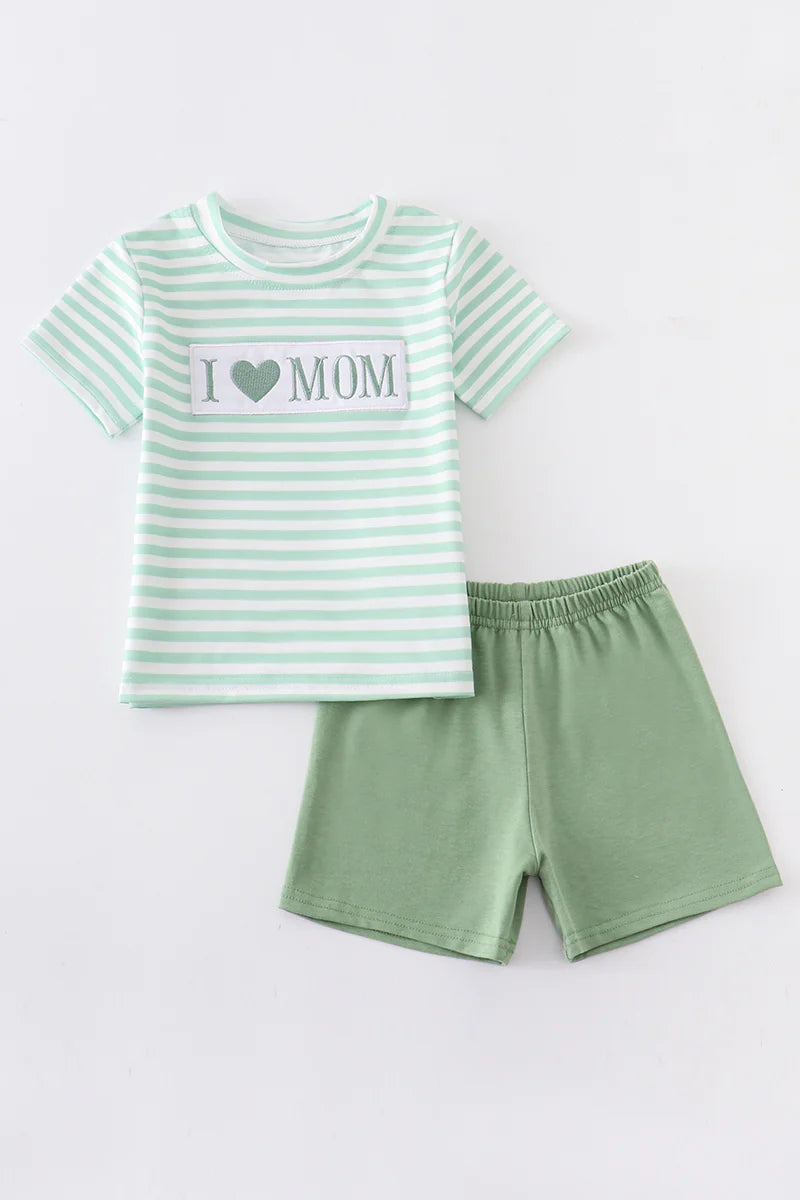 Boys Green Stripe Love Mom Embroidery Set