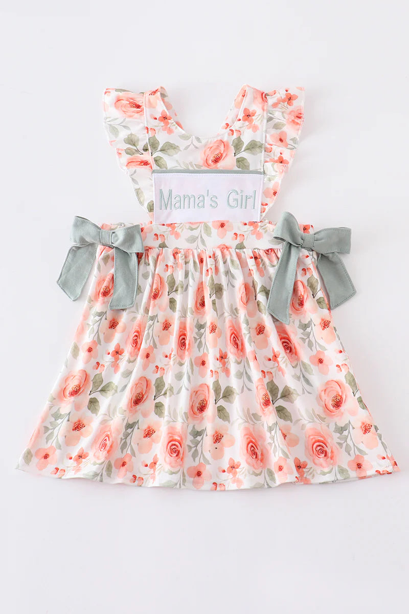 Girls Coral Floral Print Mama's Girl Embroidery Dress