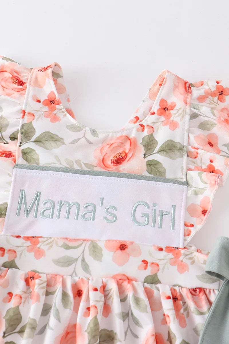 Girls Coral Floral Print Mama's Girl Embroidery Dress