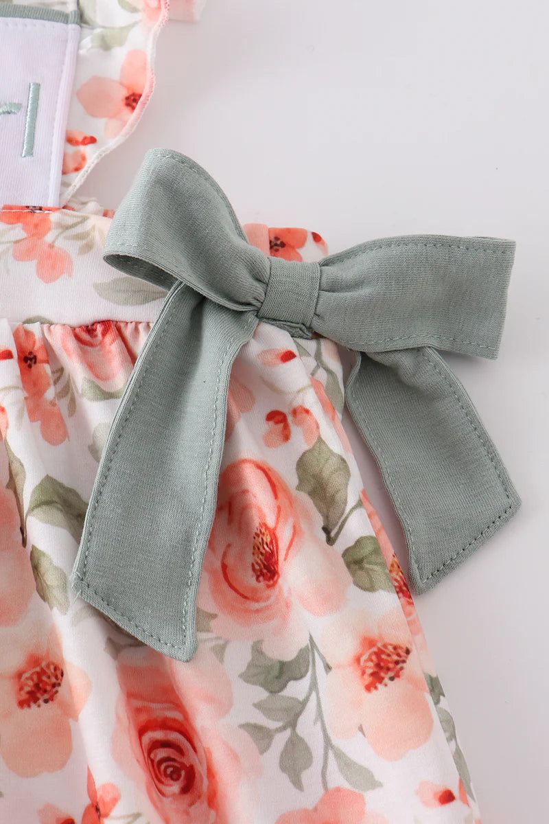 Girls Coral Floral Print Mama's Girl Embroidery Dress