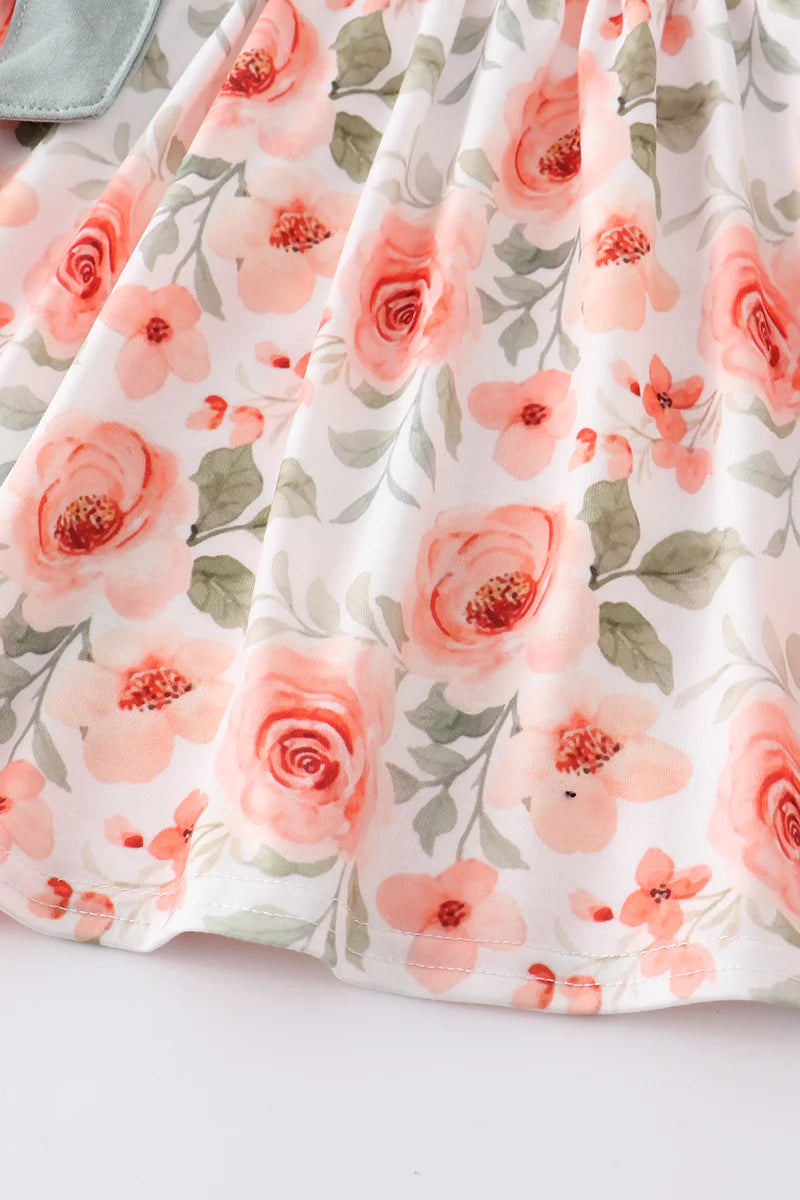 Girls Coral Floral Print Mama's Girl Embroidery Dress