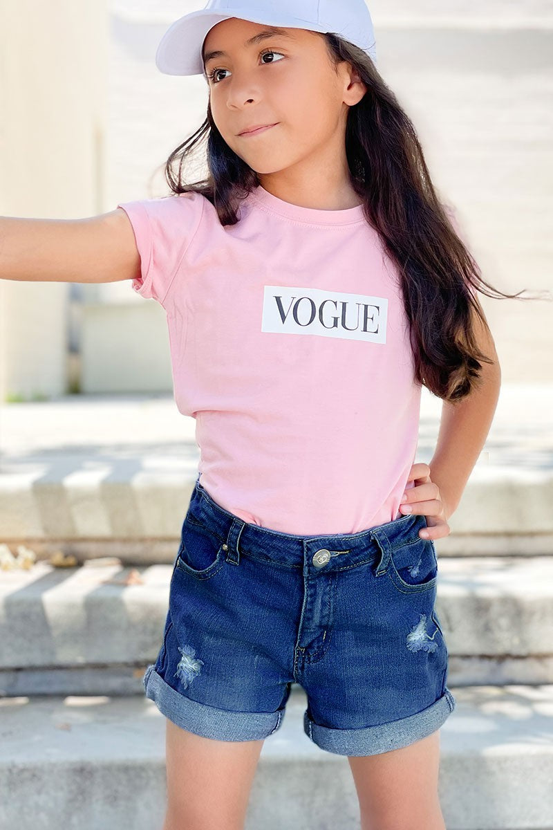 Girls Premium Denim Shorts W/ Distress & Double Roll-Up Dark