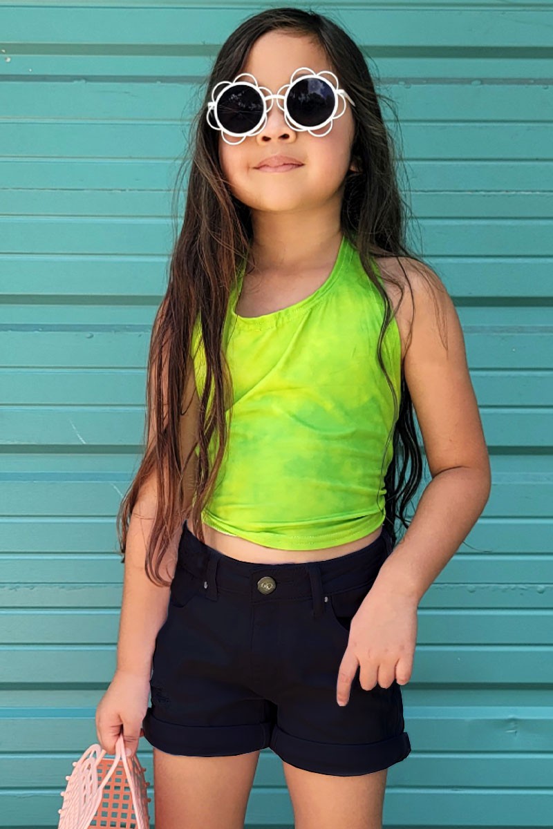 Girls Premium Denim Shorts W/ Distress & Double Roll-Up Black
