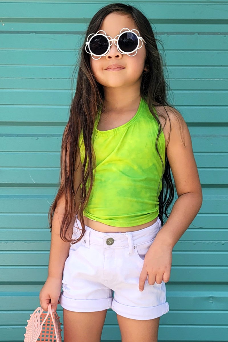 Girls Premium Denim Shorts W/ Distress & Double Roll-Up White