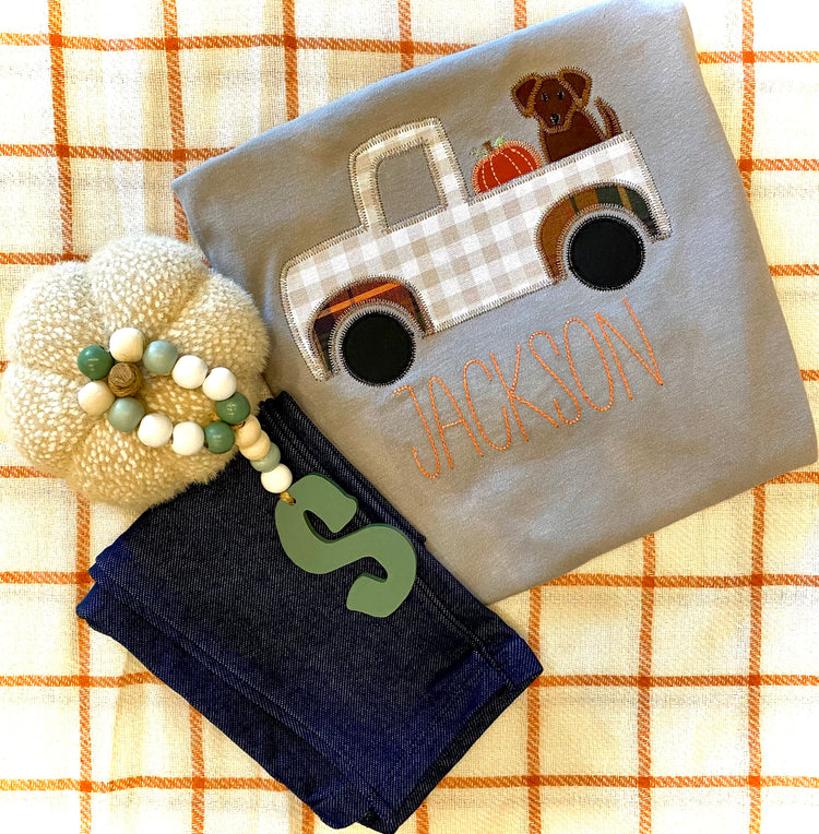 Boys Fall Pumpkin Truck and Dog Appliqué Shirt
