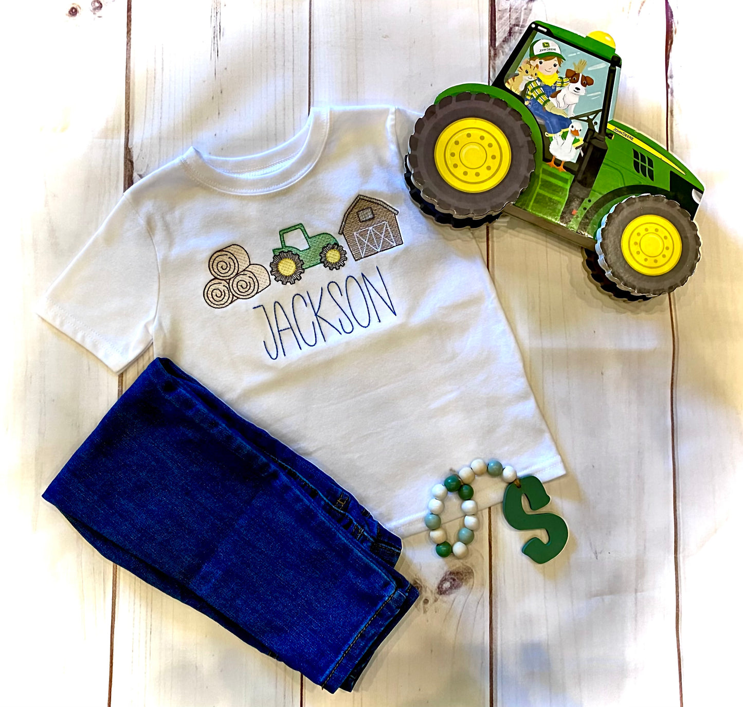 Boys Tractor and Hay Bales Sketch Embroidery Shirt
