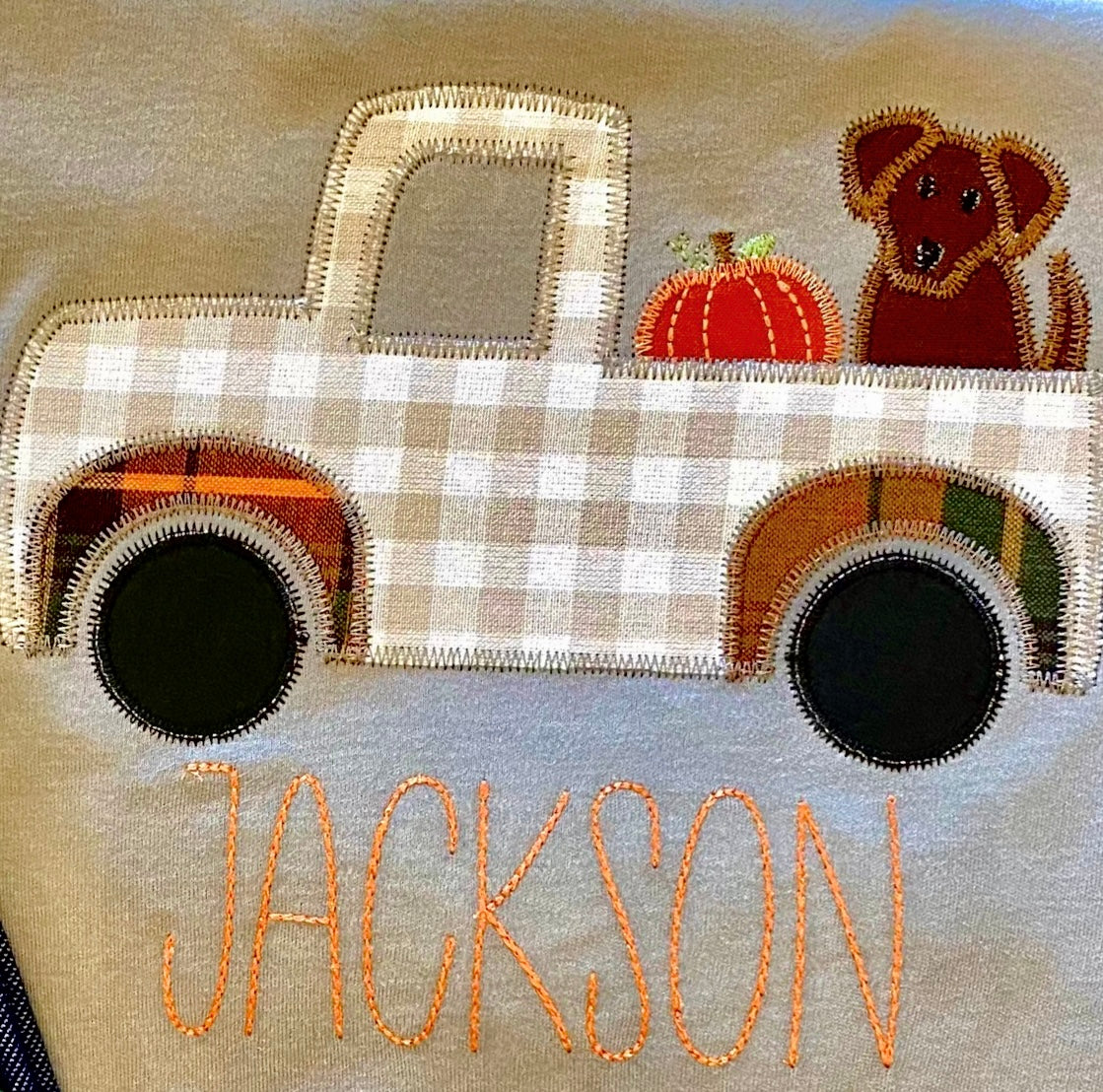 Boys Fall Pumpkin Truck and Dog Appliqué Shirt