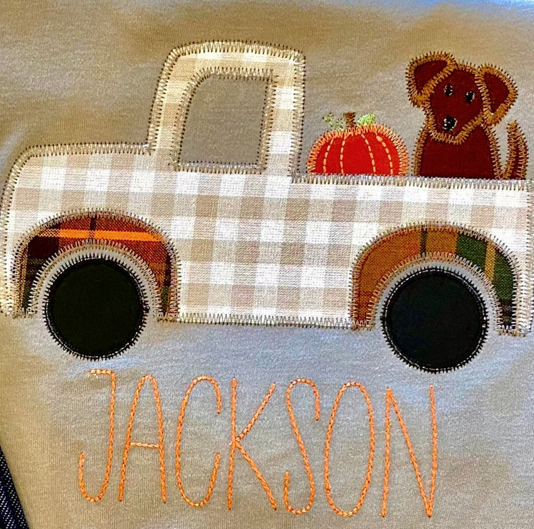Boys Fall Pumpkin Truck and Dog Appliqué Shirt